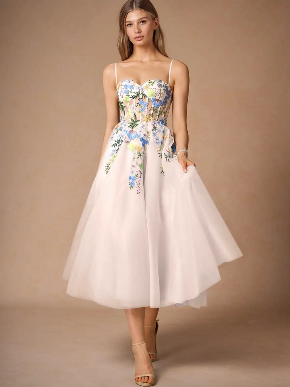 Azazie White Midi Dress with Blue Floral Embroidery